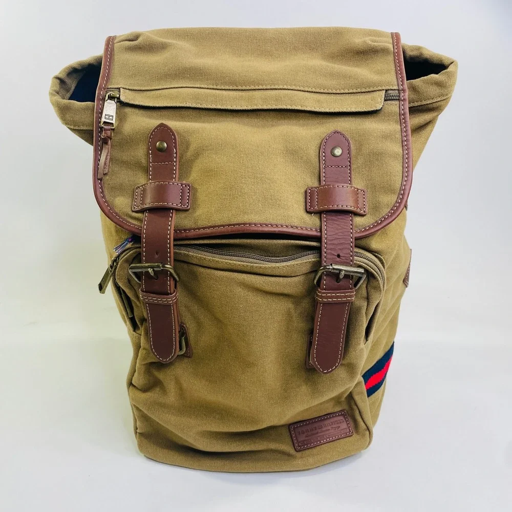 Tommy Hilfiger Canvas Rucksack Backpack Khaki Tan Brown Leather Trim Laptop Bag